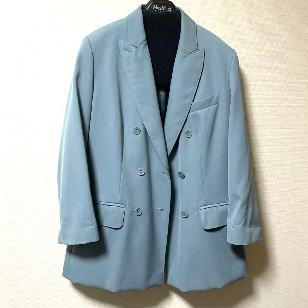 MaxMara 白タグ ブルー46 ダブルブレスト テーラード ロールアップ