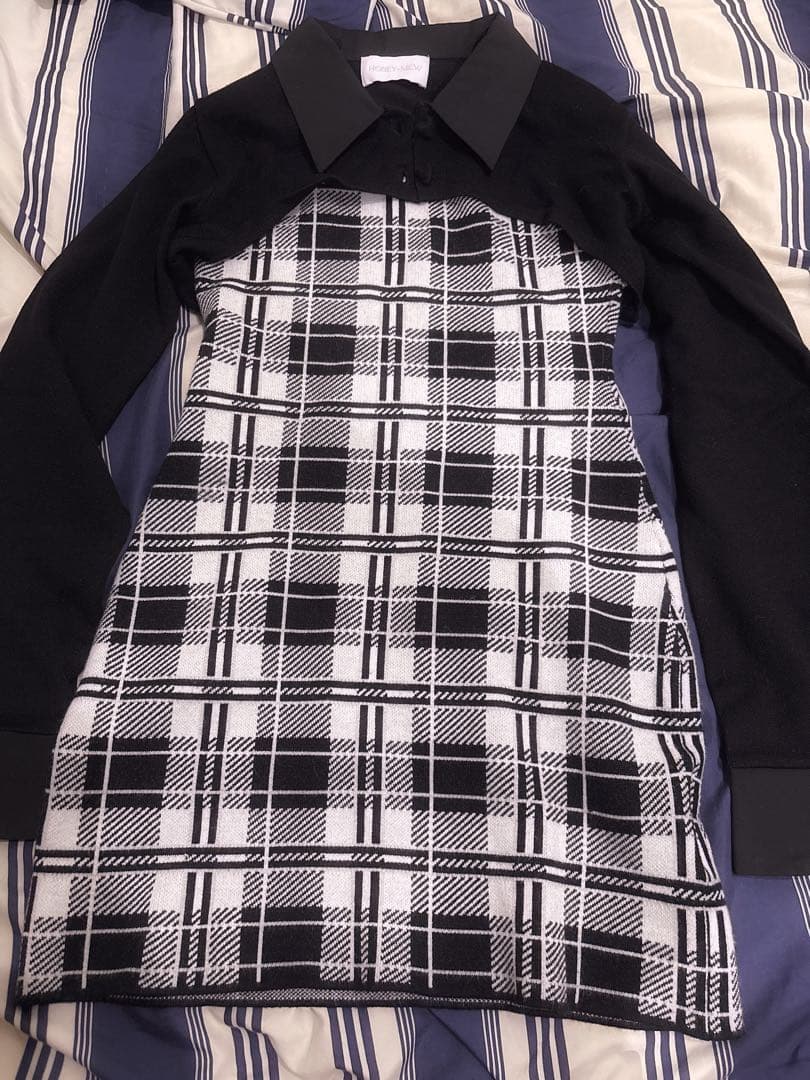 ハニーミュウcheckアンサンブルロングスリーブワンピース フリーサイズ