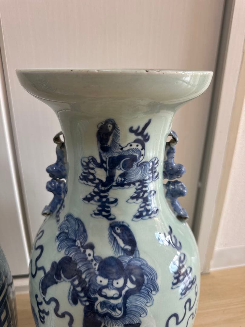 清時代　染付大花瓶　青華 獅子　骨董古美術