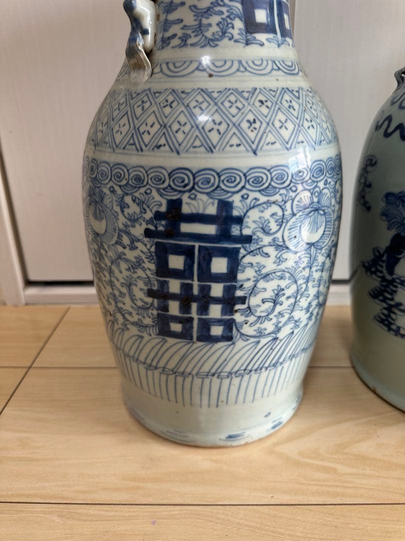 清時代　染付大花瓶　青華 獅子　骨董古美術