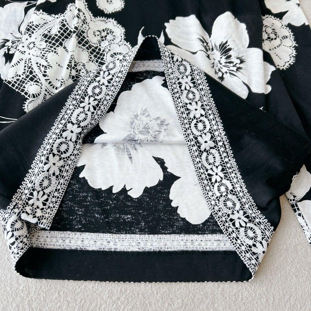 美品✨ LEONALD レオナール　ブラウス　長袖　花柄　トリム　黒×白　M