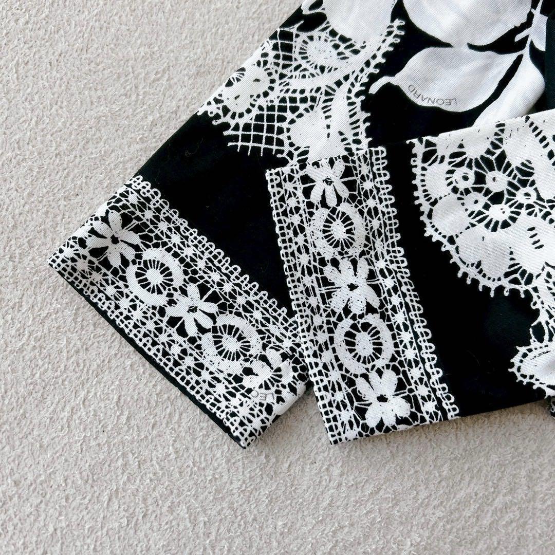 美品✨ LEONALD レオナール　ブラウス　長袖　花柄　トリム　黒×白　M