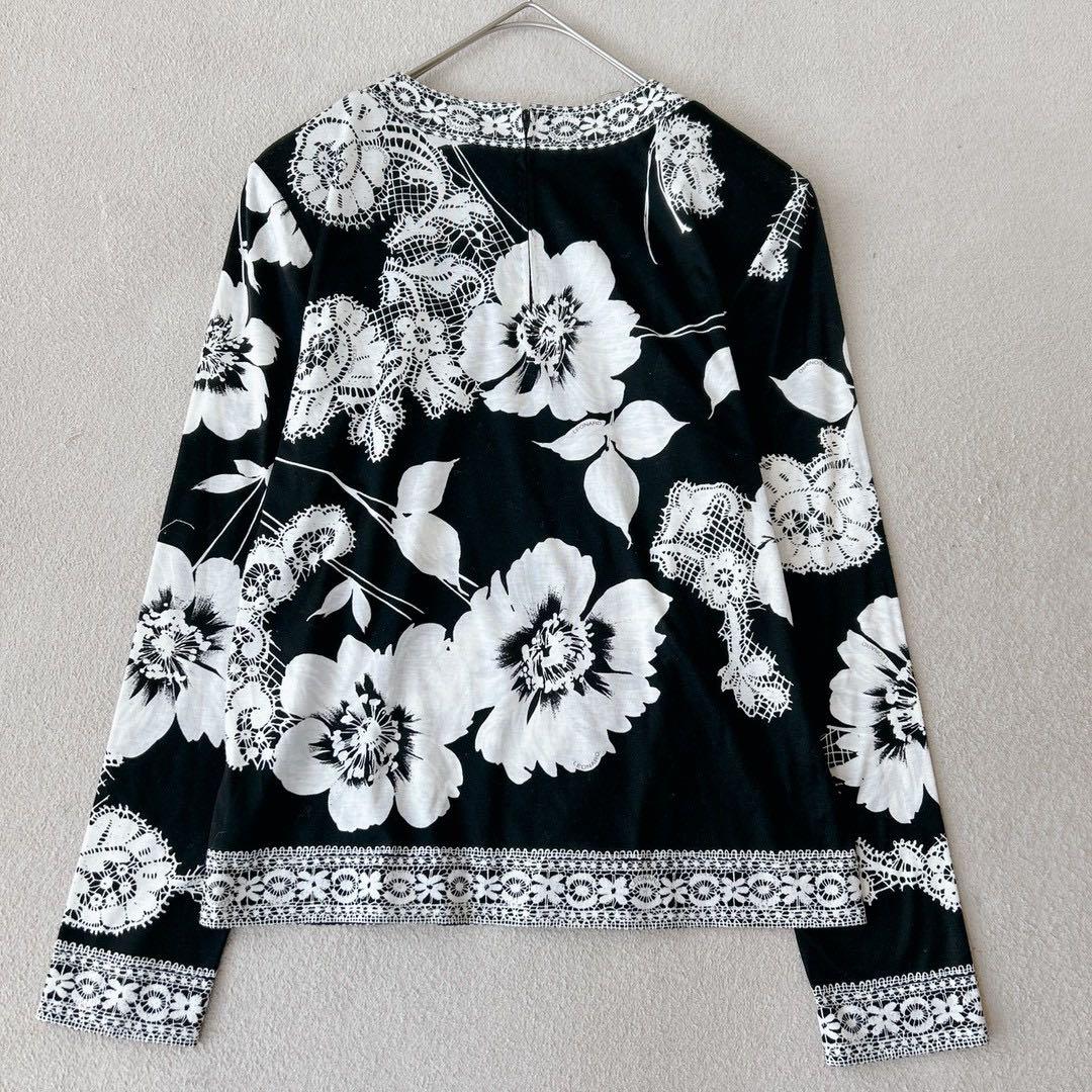 美品✨ LEONALD レオナール　ブラウス　長袖　花柄　トリム　黒×白　M