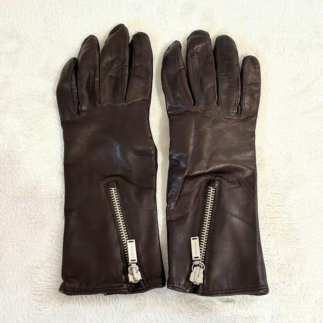 【美品】シャネル カシミヤライニング ブラウン レザー手袋 ジップ付き 7
