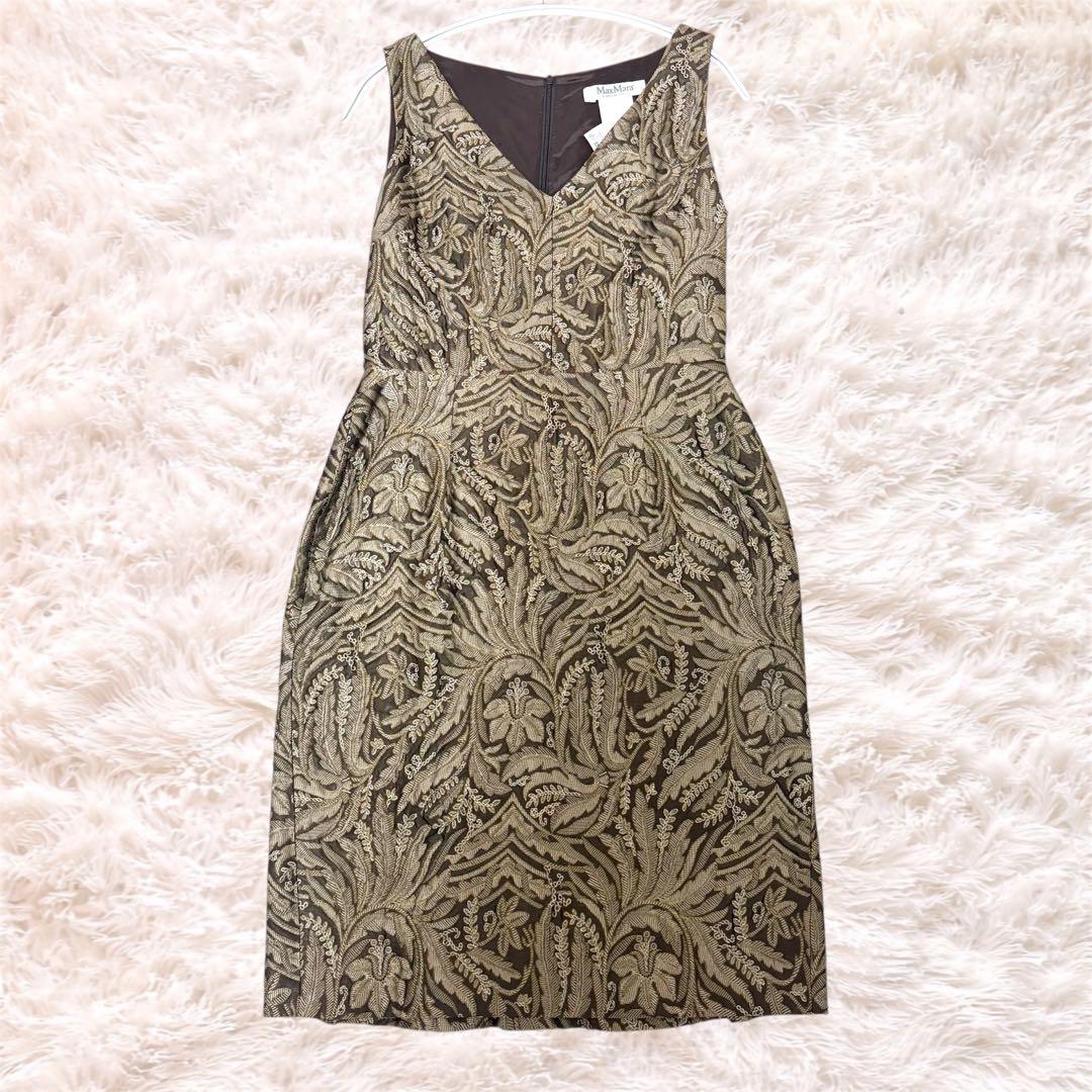 MaxMara 白タグ 最高級 ノースリーブ ワンピース シルク混 総柄 ひざ丈