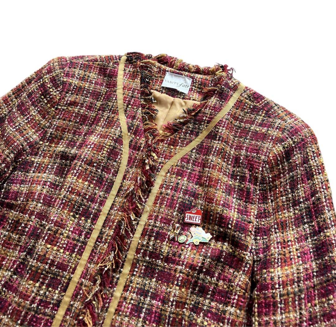 ピ*ツ様 フリンジデザインツイードチェックジャケット ピンズ付き