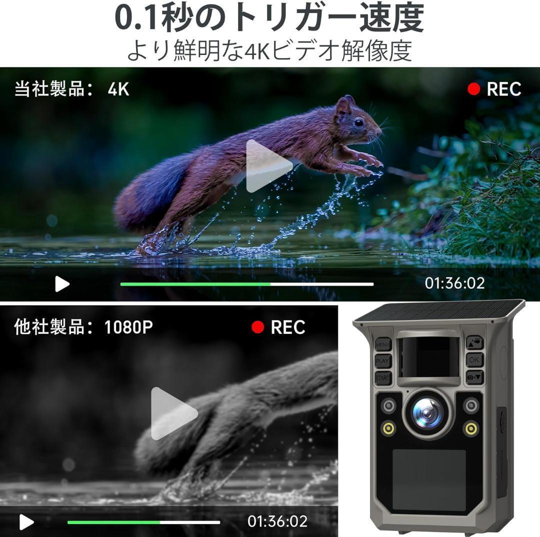 トレイルカメラ ソーラー式 4K/6400万画素 遠隔操作 64GB&取付セット