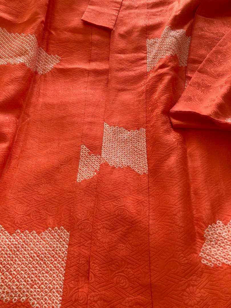 【振袖用長襦袢】美品 絞り 朱赤 袷 トールサイズ １３６ｃｍ＊裄６８