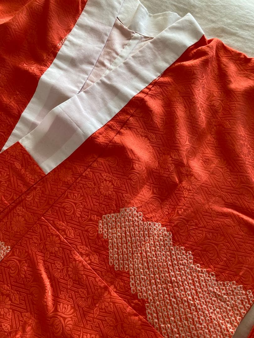 【振袖用長襦袢】美品 絞り 朱赤 袷 トールサイズ １３６ｃｍ＊裄６８