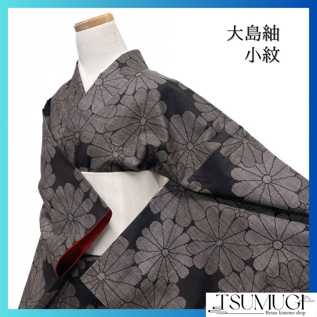 小紋　大島紬　菊花　菊尽くし　黒地　泥染　着物　075a d