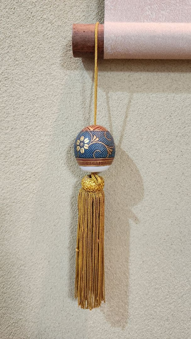 水墨画 掛軸 風景画 九谷焼 タッセル セット 青粒 渦打青粒金唐草