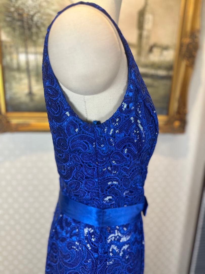 青色レーススパンコール刺繍マーメイドドレス ウエストリボン付き