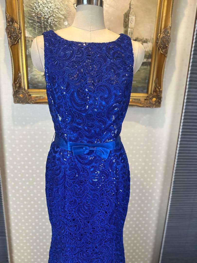 青色レーススパンコール刺繍マーメイドドレス ウエストリボン付き