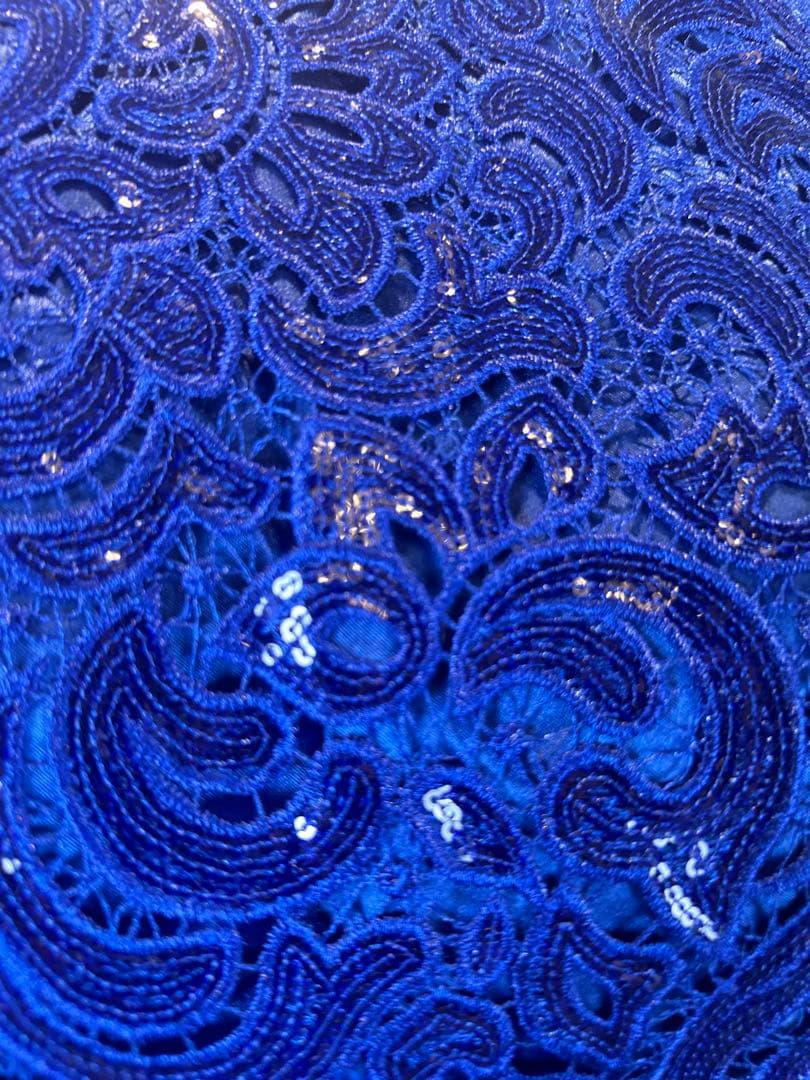 青色レーススパンコール刺繍マーメイドドレス ウエストリボン付き