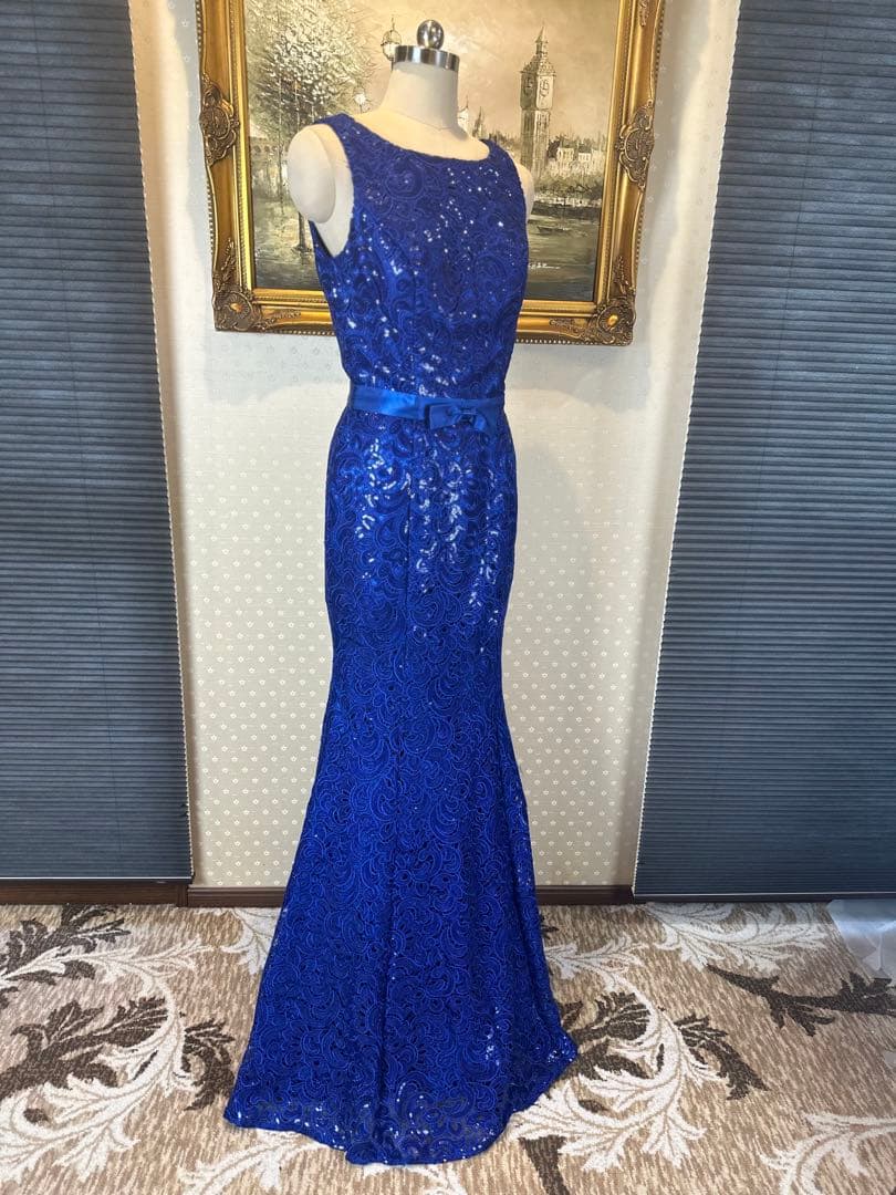 青色レーススパンコール刺繍マーメイドドレス ウエストリボン付き