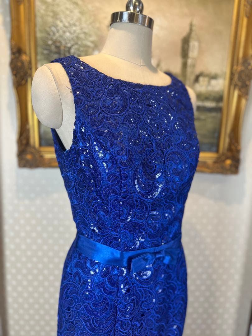 青色レーススパンコール刺繍マーメイドドレス ウエストリボン付き