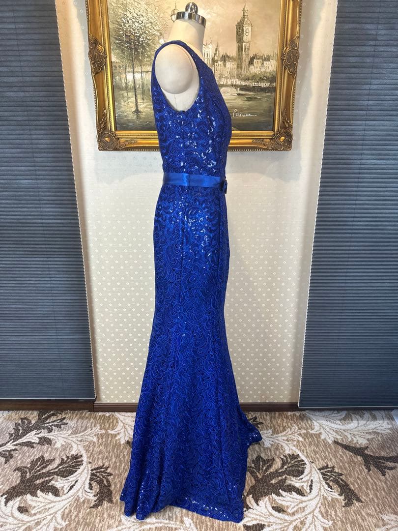 青色レーススパンコール刺繍マーメイドドレス ウエストリボン付き