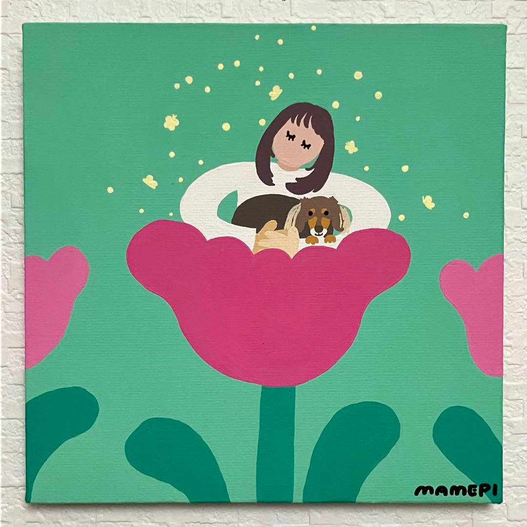 wawon　原画　２枚セット　【わんちゃんとハッピッピ花束】【ぬくもり】