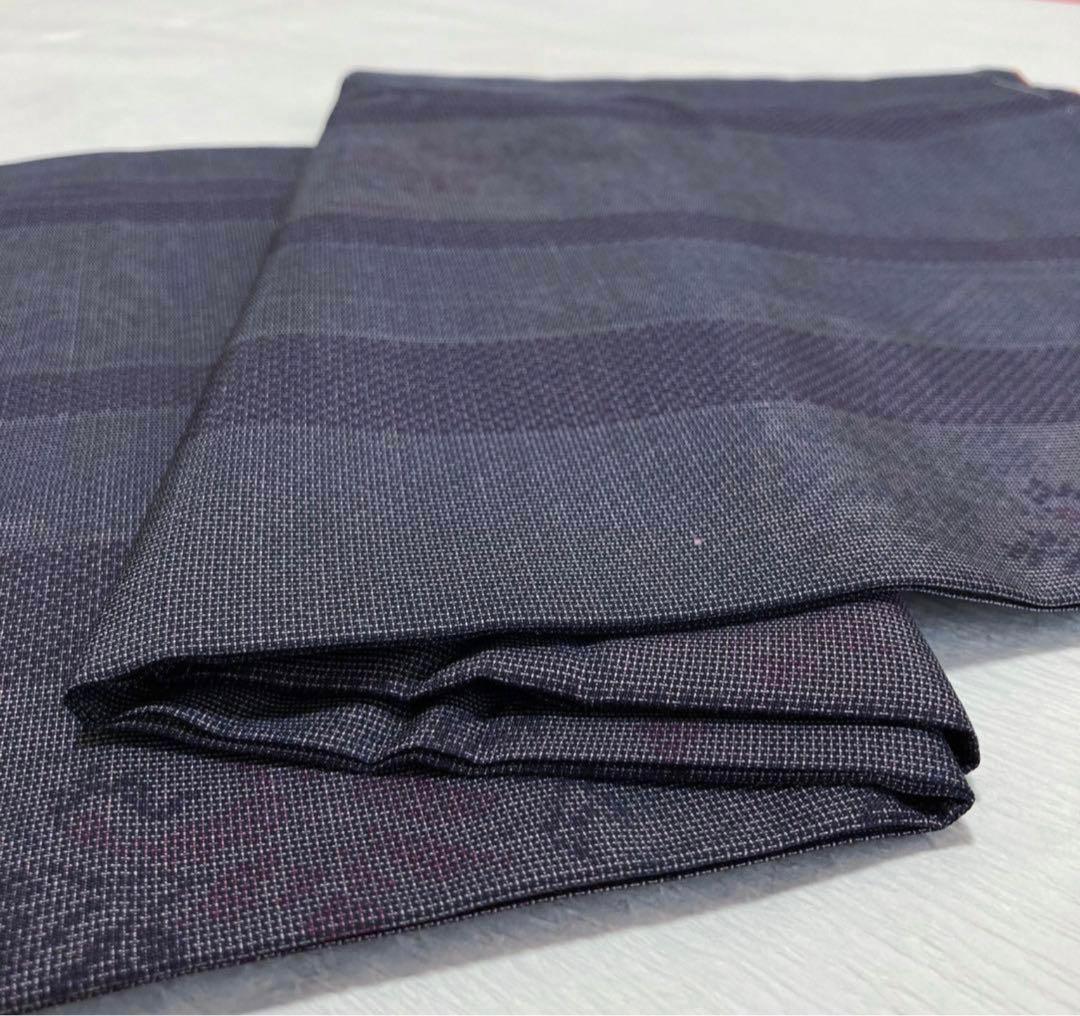 【未使用美品✨】東レシルック　さんび　洗える着物　小紋　紬調　くすんだ紫　縞