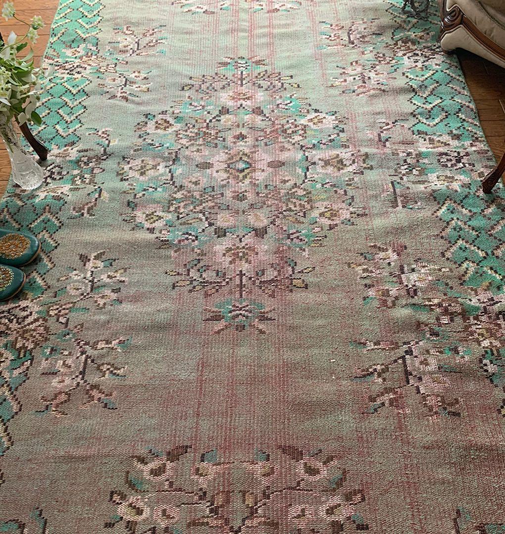トルコヴィンテージラグ　超大判　オーバーダイ　253×143グリーン　トルコラグ