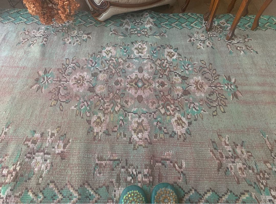 トルコヴィンテージラグ　超大判　オーバーダイ　253×143グリーン　トルコラグ