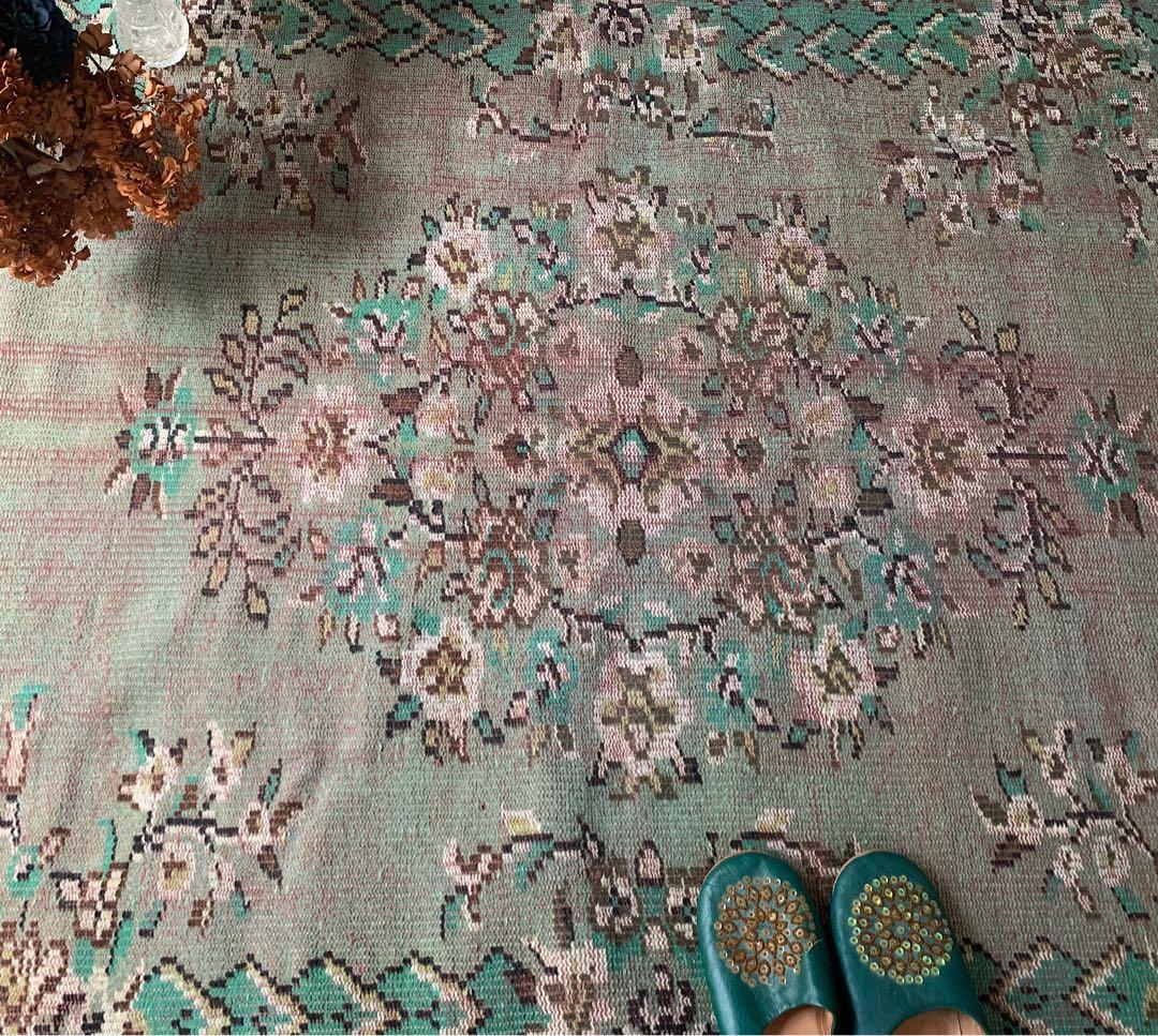 トルコヴィンテージラグ　超大判　オーバーダイ　253×143グリーン　トルコラグ