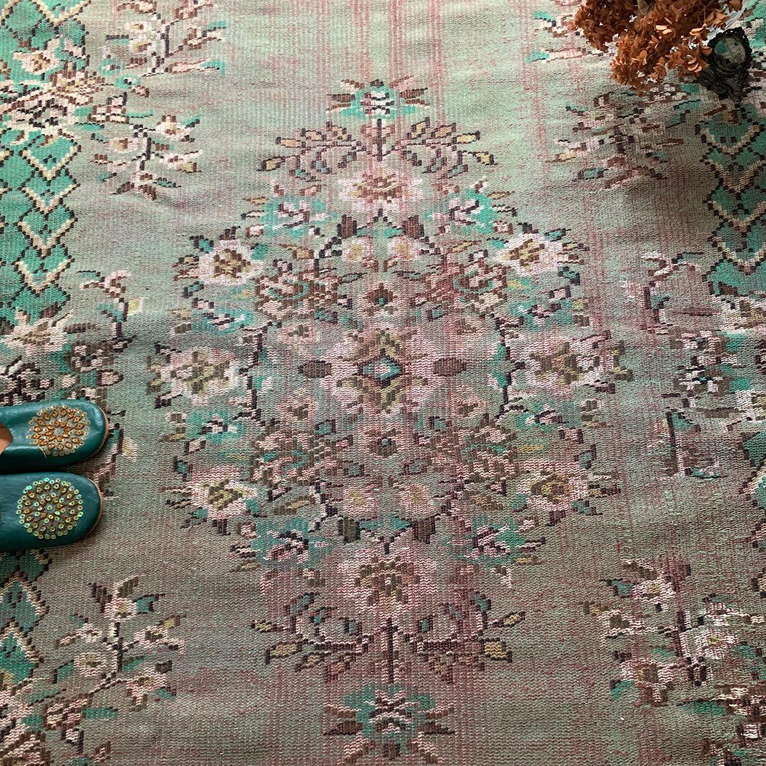 トルコヴィンテージラグ　超大判　オーバーダイ　253×143グリーン　トルコラグ