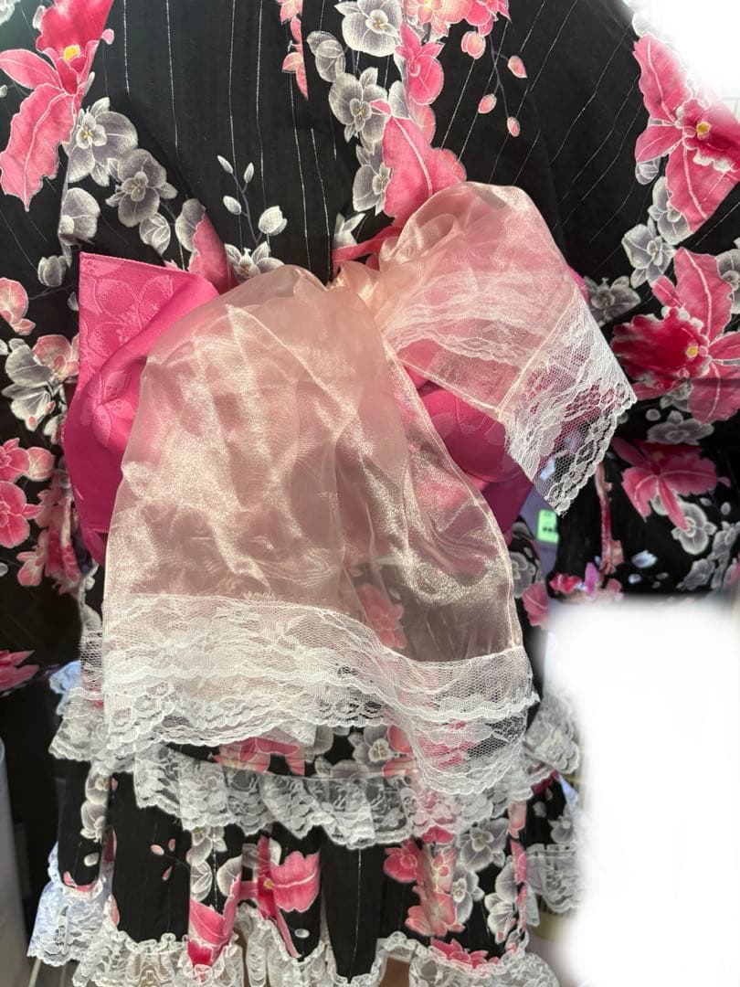 【値下げ】浴衣ドレス 大人 160 黒 ピンク バラ 姫ギャル