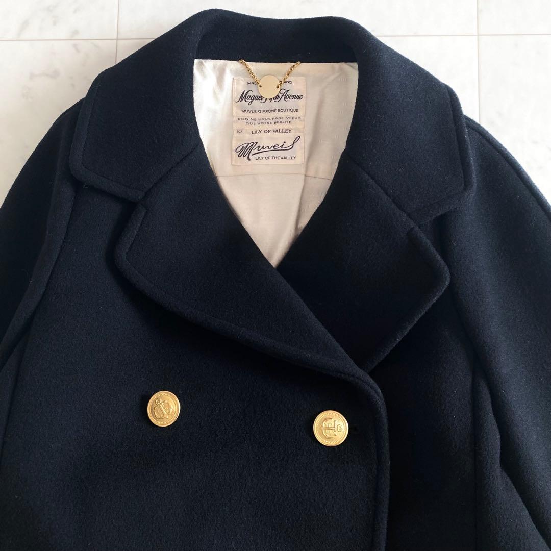 美品 ミュベール MUVEIL ゴールド釦 ダブルブレストウールコート 36
