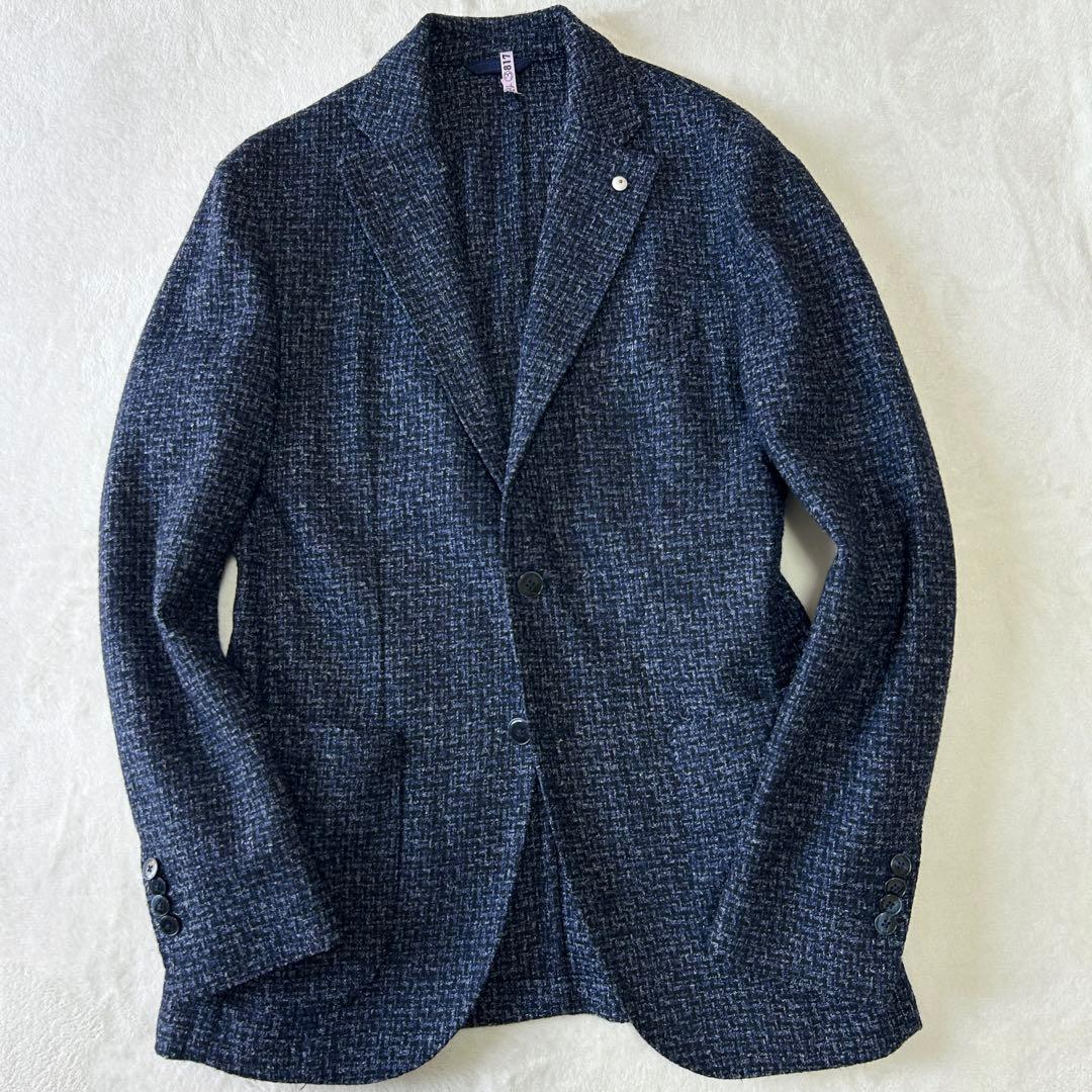 美品 エルビーエム イタリア製 ツイードウール アンコン ジャケット 48 紺