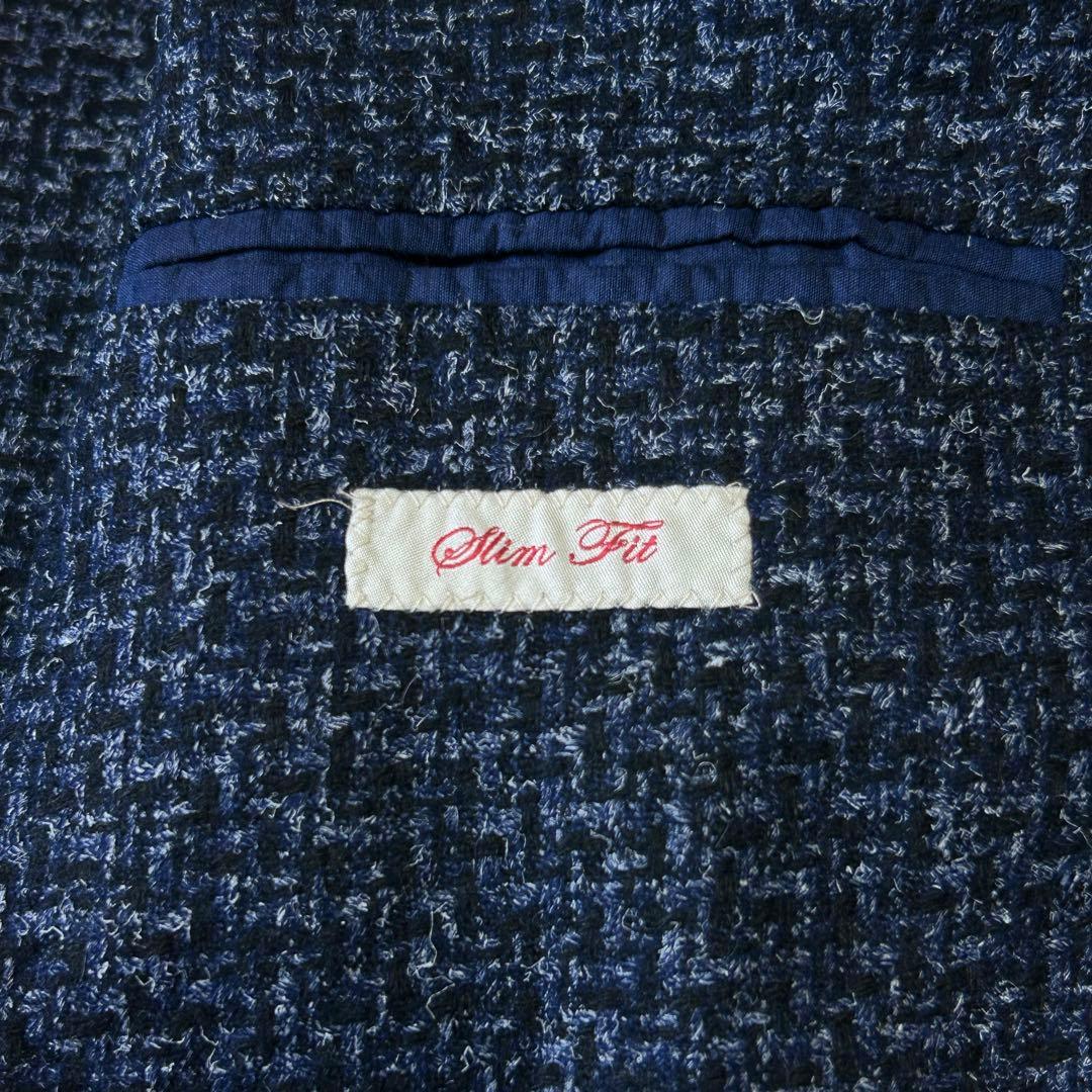 美品 エルビーエム イタリア製 ツイードウール アンコン ジャケット 48 紺