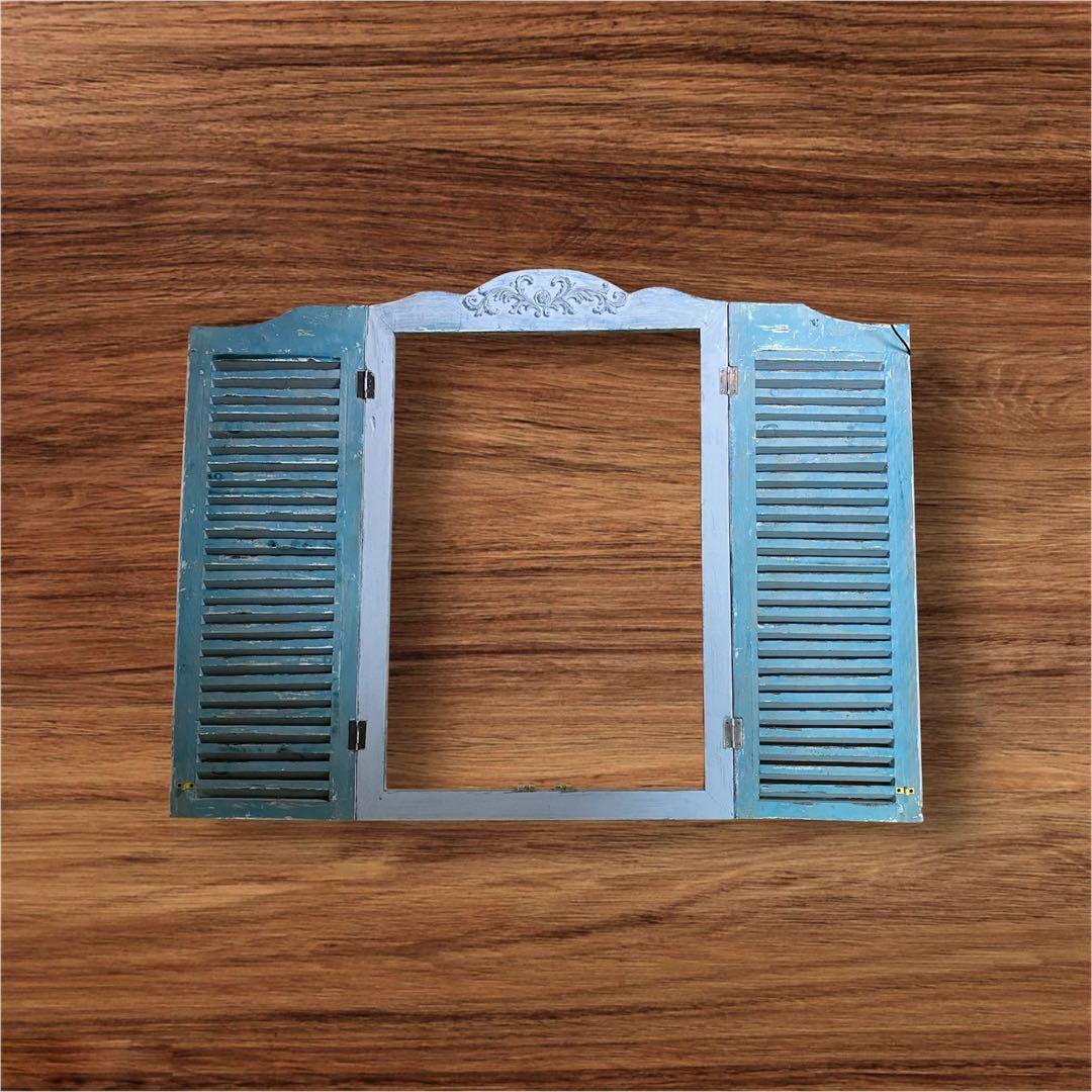 飾り窓 木製 開閉 インテリア小物 グレーブルー