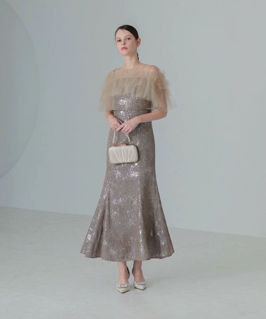 LEJA チュールフリルボレロペイントマーメイドワンピースドレス/グレー/S