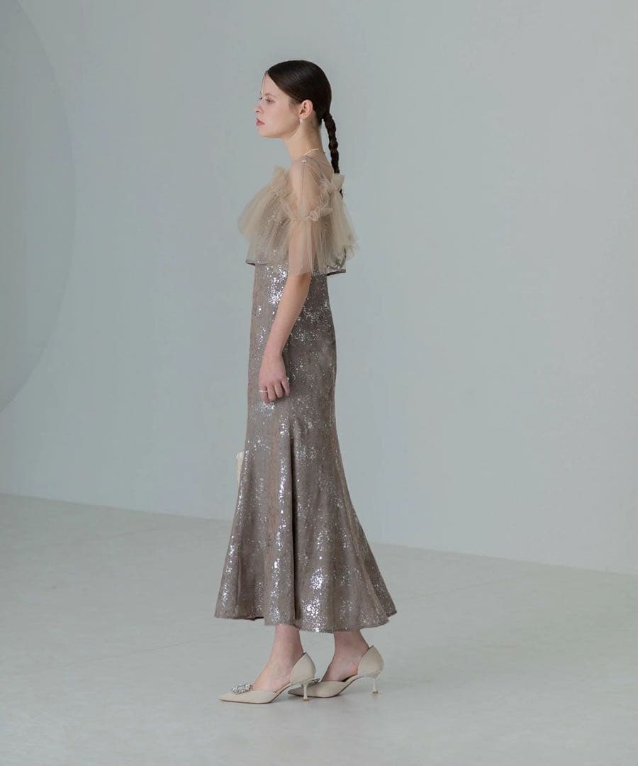 LEJA チュールフリルボレロペイントマーメイドワンピースドレス/グレー/S