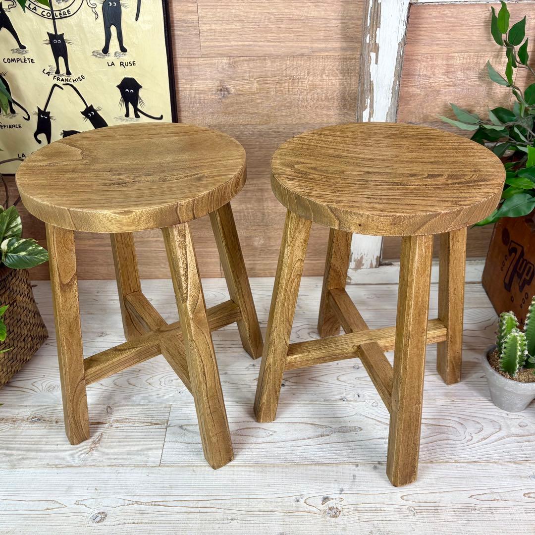 アジアンエスニックミンディ材木製天然木無垢材丸スツール二脚セット椅子花台イス