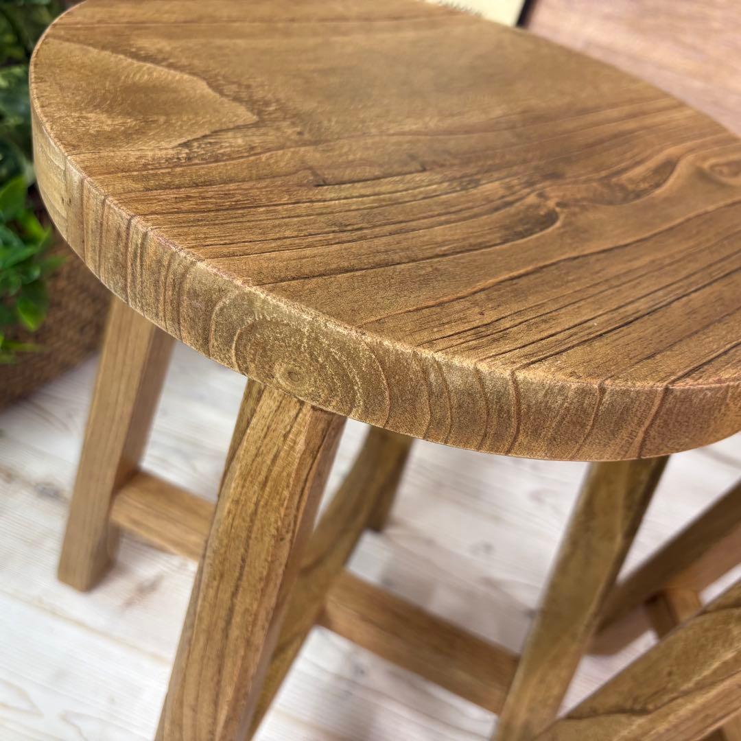 アジアンエスニックミンディ材木製天然木無垢材丸スツール二脚セット椅子花台イス