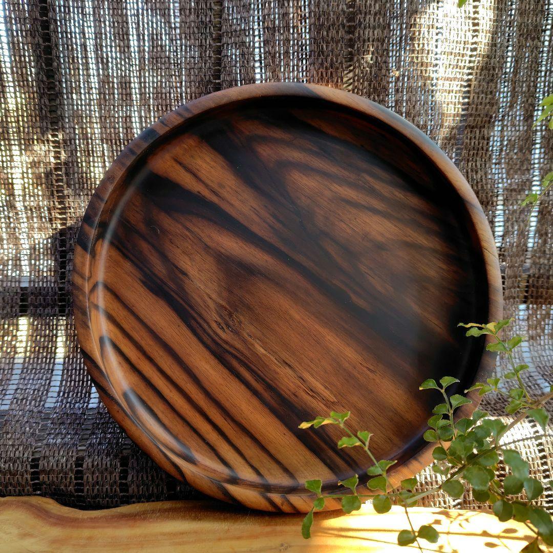 と*ぐ様 黒柿丸盆 くり貫き 極上杢　煎茶盆　ヴィンテージ　希少