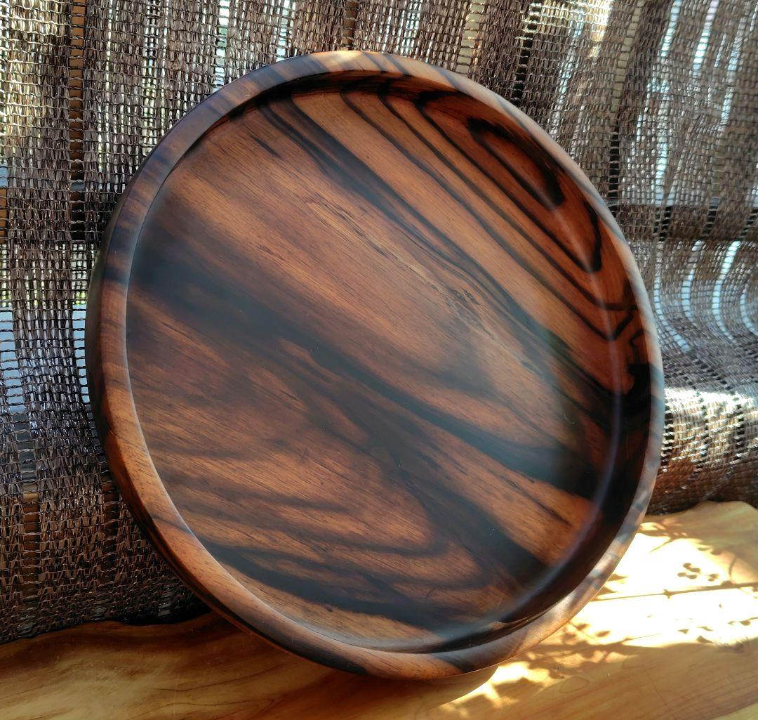 と*ぐ様 黒柿丸盆 くり貫き 極上杢　煎茶盆　ヴィンテージ　希少