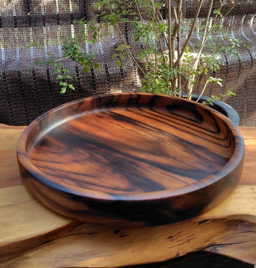 と*ぐ様 黒柿丸盆 くり貫き 極上杢　煎茶盆　ヴィンテージ　希少