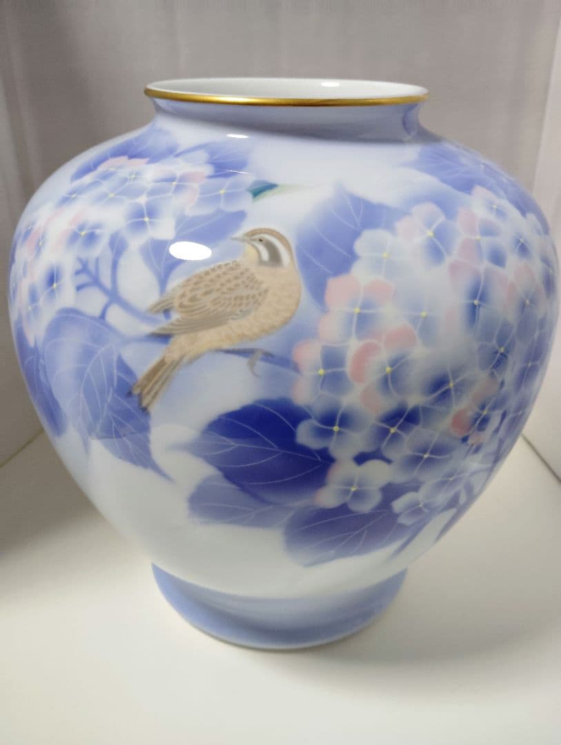 深川製磁　極美品　紫陽花小鳥文　花瓶