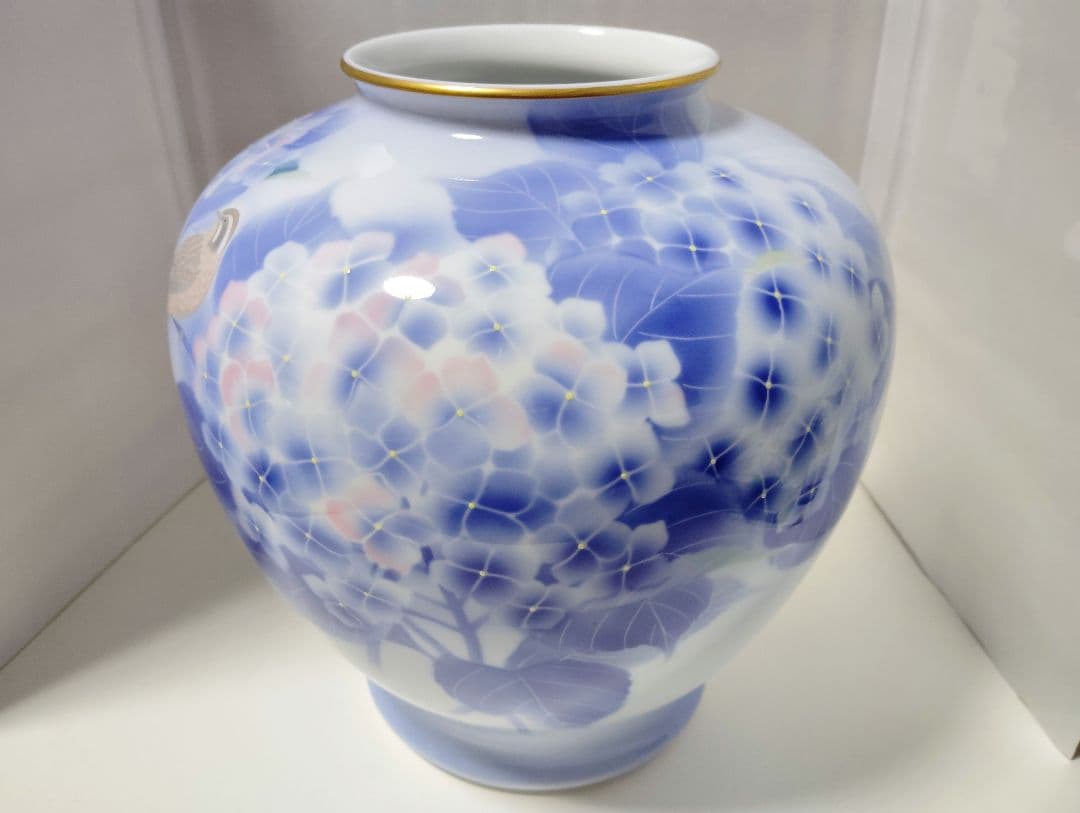 深川製磁　極美品　紫陽花小鳥文　花瓶