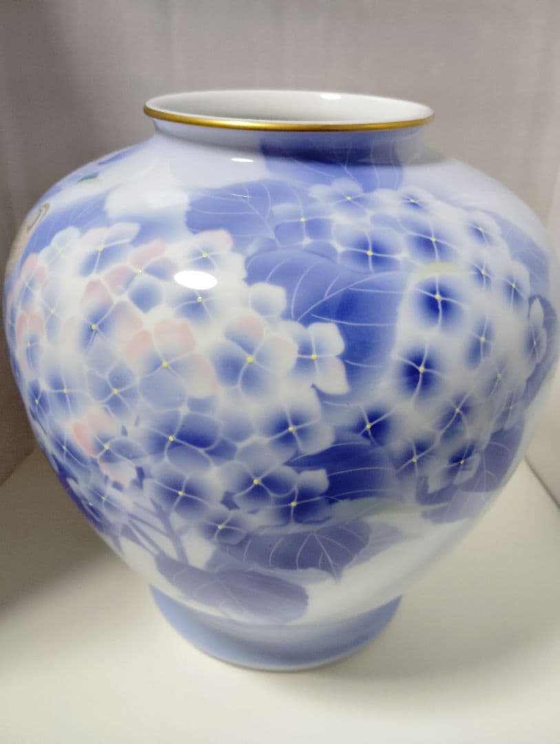 深川製磁　極美品　紫陽花小鳥文　花瓶