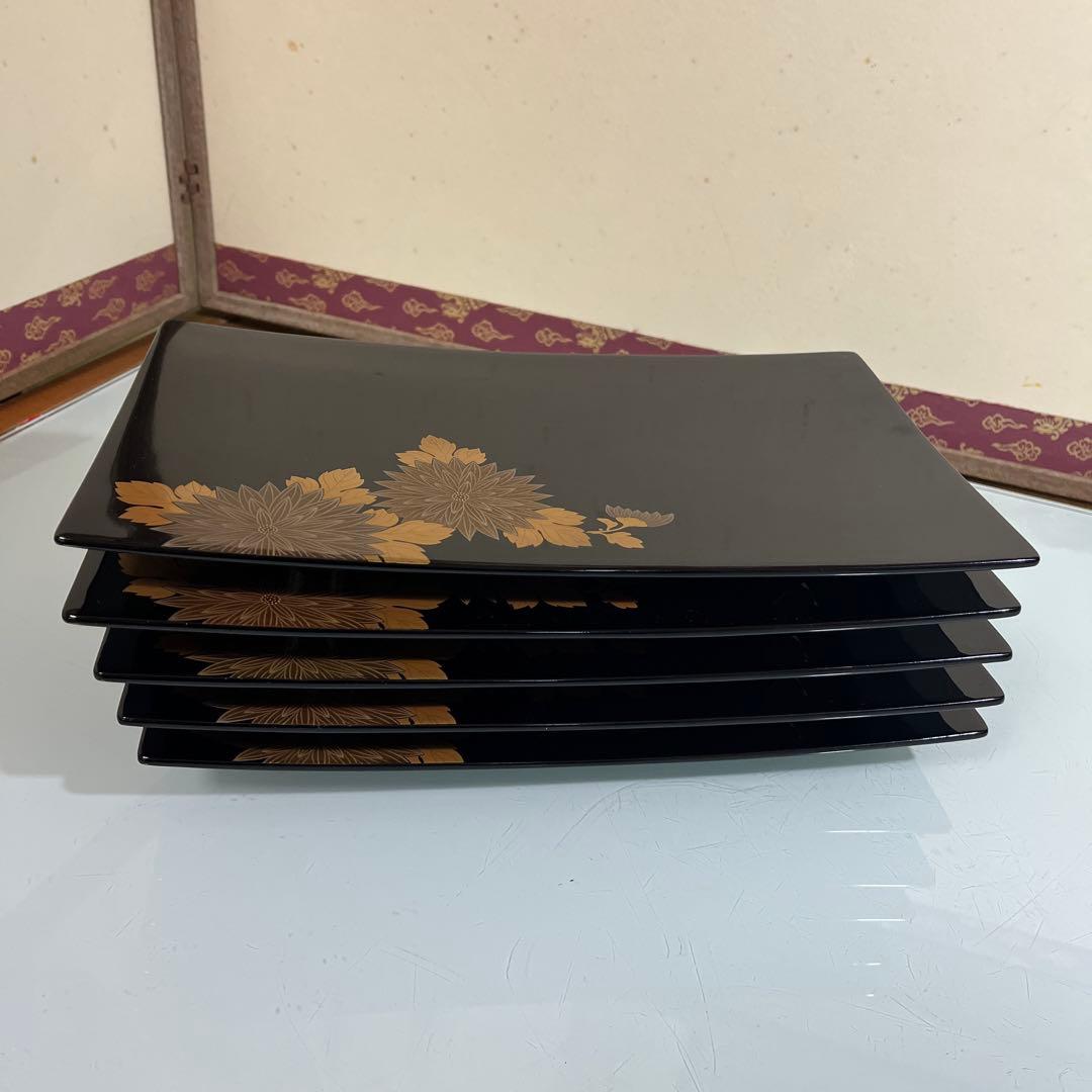 漆器　牡丹蒔絵　さしみ皿　寿司皿　盛り皿　5枚￼