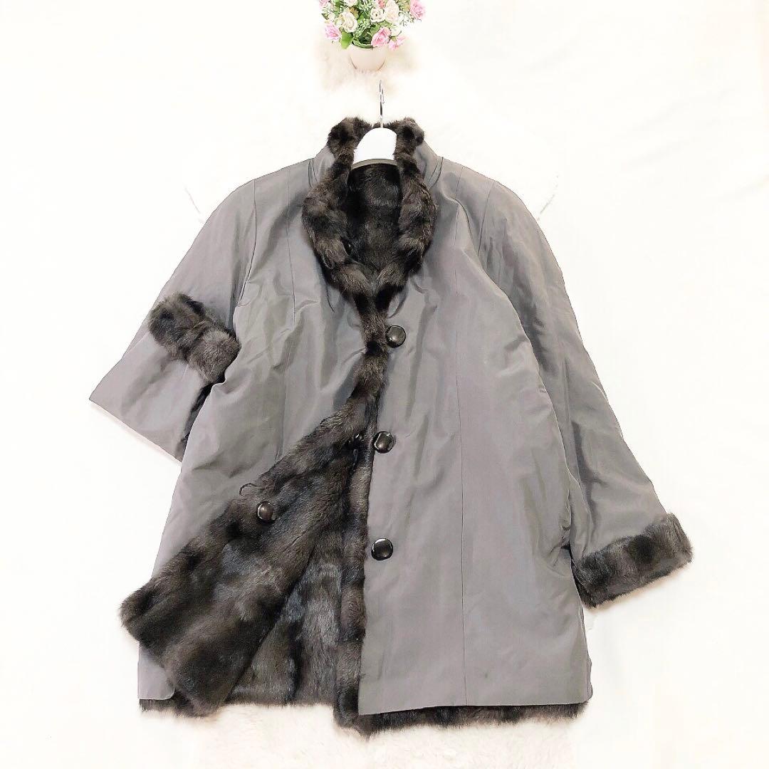 リバーシブルリスファーコート　リアルファー　毛皮　2way　グレー