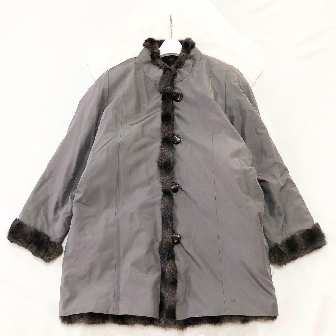 リバーシブルリスファーコート　リアルファー　毛皮　2way　グレー