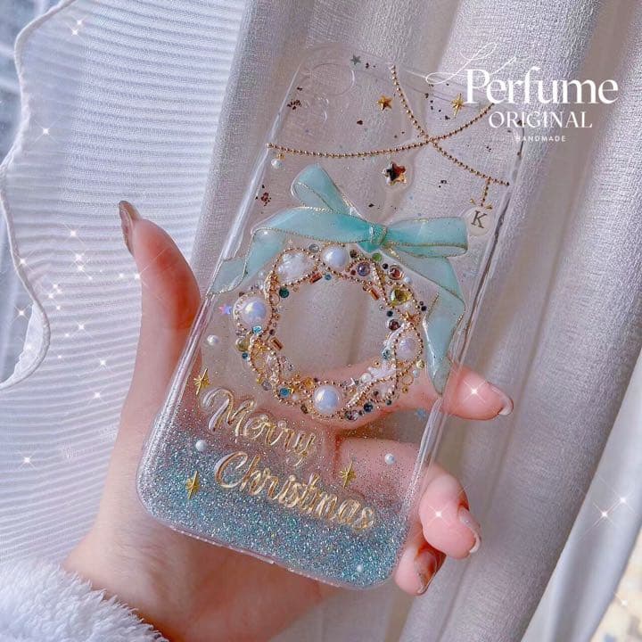 イニシャル&名入れ♡リボン✨水色 パール ツリー⭐︎キラキラ iPhoneケース