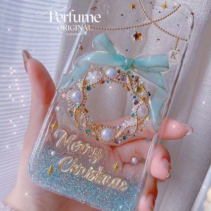 イニシャル&名入れ♡リボン✨水色 パール ツリー⭐︎キラキラ iPhoneケース