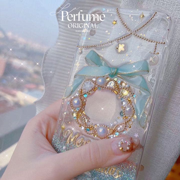 イニシャル&名入れ♡リボン✨水色 パール ツリー⭐︎キラキラ iPhoneケース