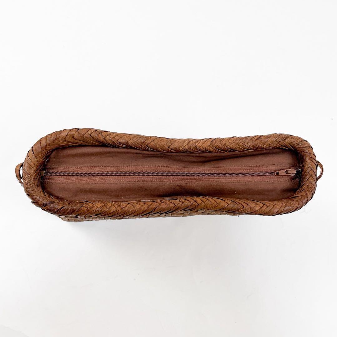 【美品】山葡萄 セカンドバッグ かごバッグ ファスナー付き 編み込み ブラウン系