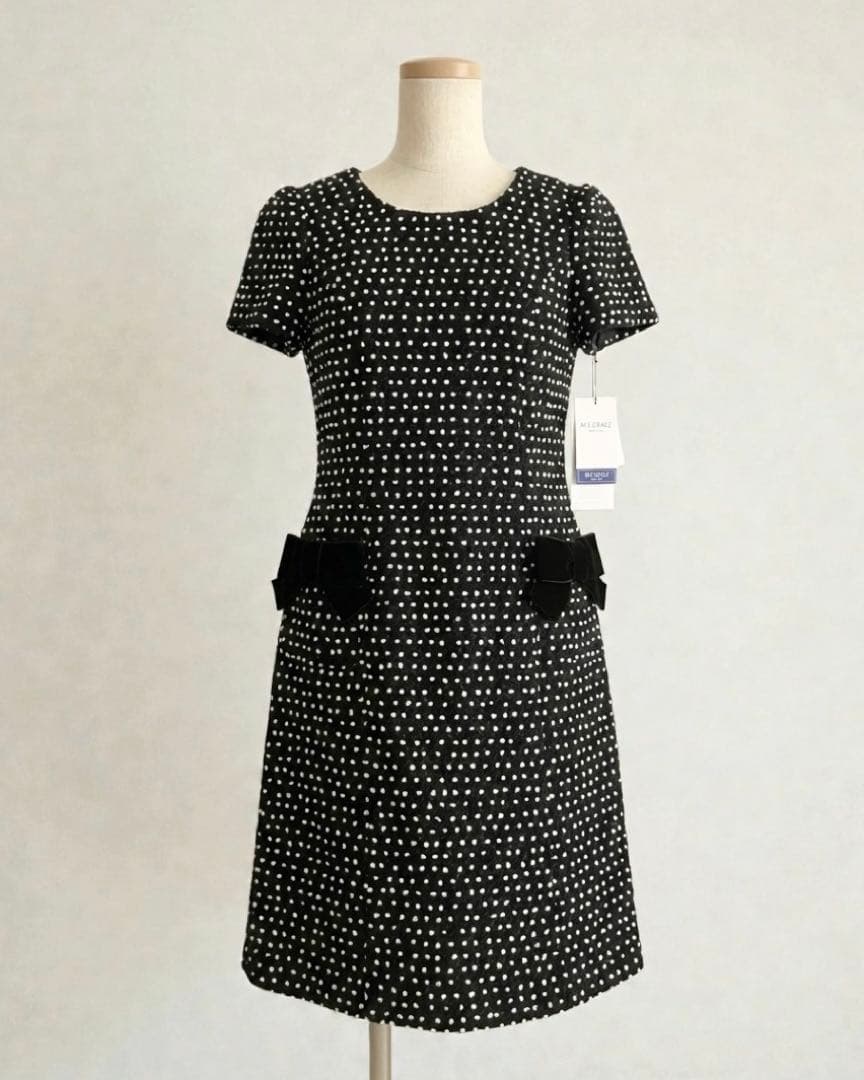 未使用 エムズグレイシー 40 立体ドット ポンポン ツイードワンピース 白黒